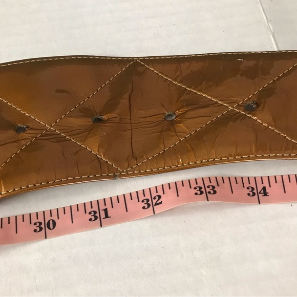 Retro Belt Embossed Copper Color Wide Belt Narrows to Gold Teardrop Buckle Sz M - Picture 10 of 13